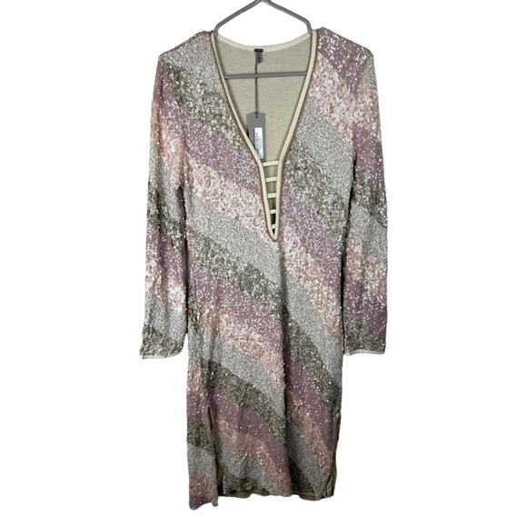 NWT Bl-nk London Full Sequin Knee Length Striped Deep V Neck Lined Slits Large - Picture 1 of 6